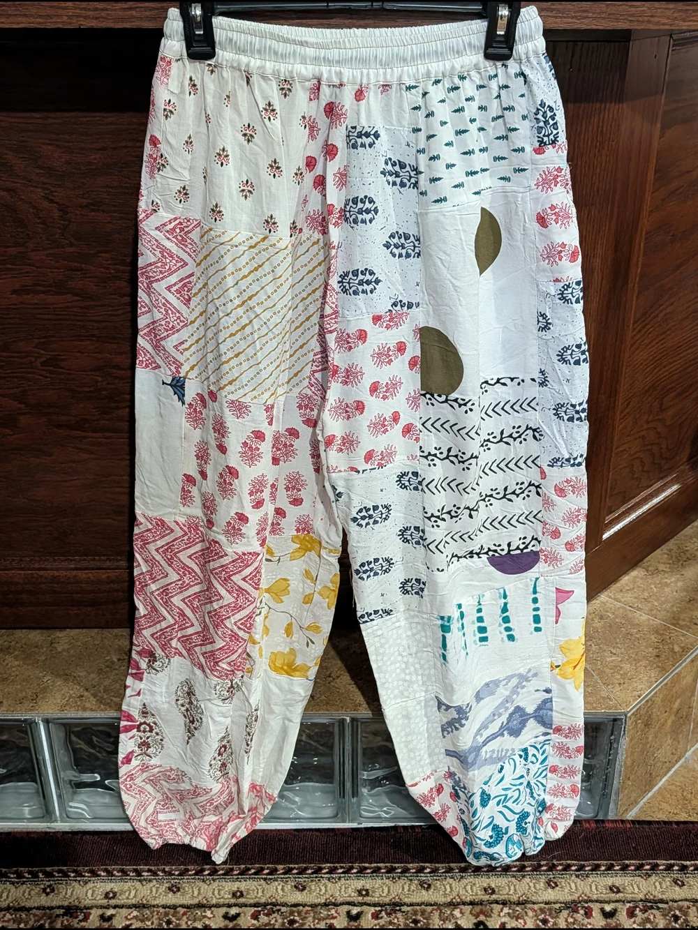 Boho Patchwork Wide-Leg Pants - Multicolor  On White Yoga Palazzo Harem - Picture 2 of 2